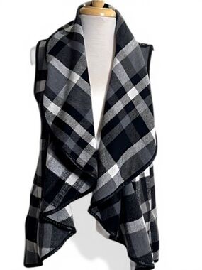 YFVE Black White Plaid Drape Open Front Vest Faux Snakeskin Trim Pockets Small